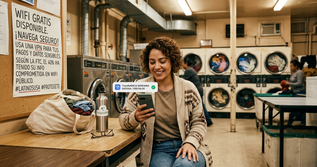 Latino usando WiFi público de forma segura en una cafetería en USA
