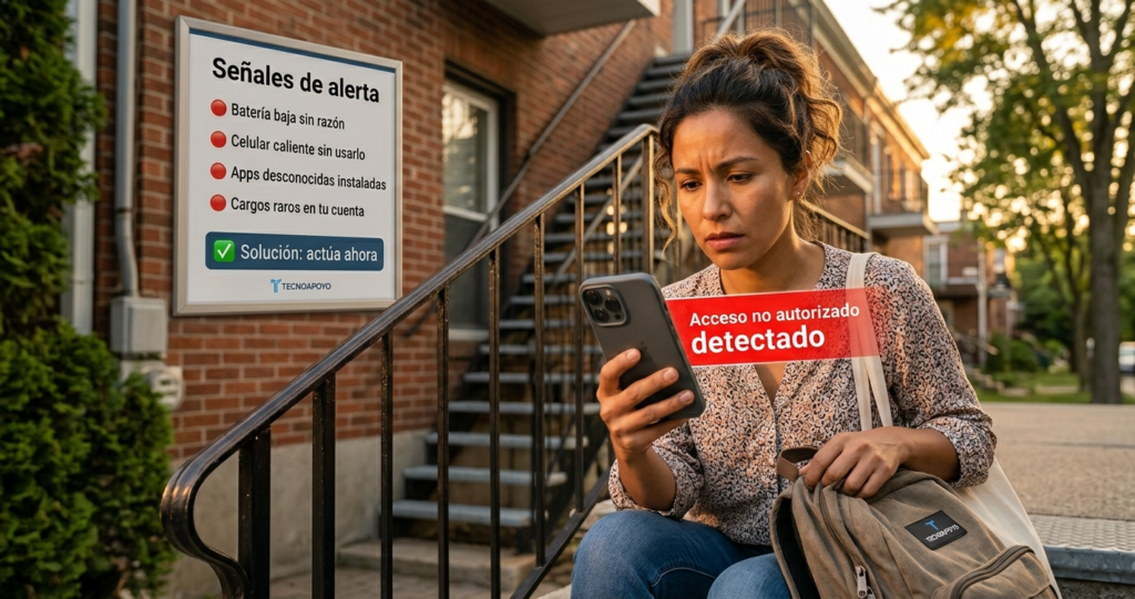 Latino mirando su celular con señales de hackeo en Estados Unidos.