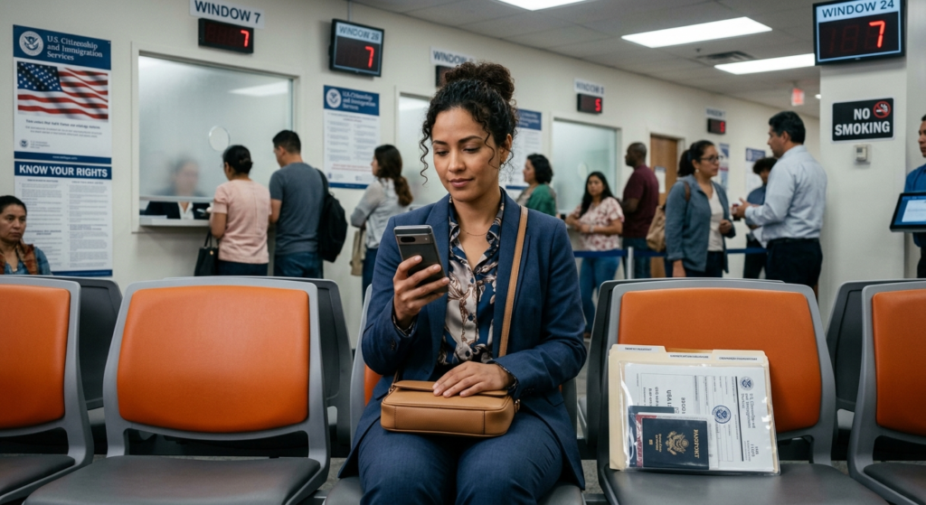 Inmigrante latino protegiendo su privacidad digital en su celular en USA